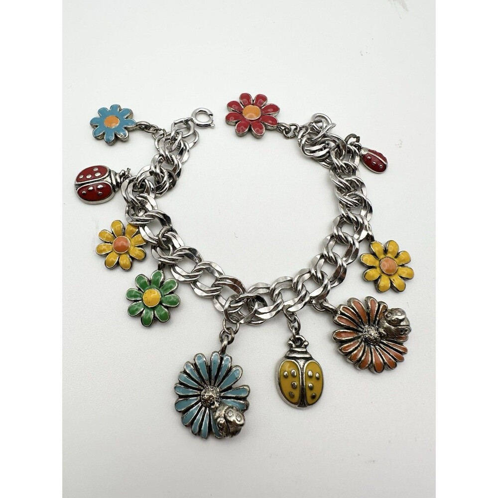 Vintage Silver Tone Daisy Flowers Ladybug Charm Bracelet 7”